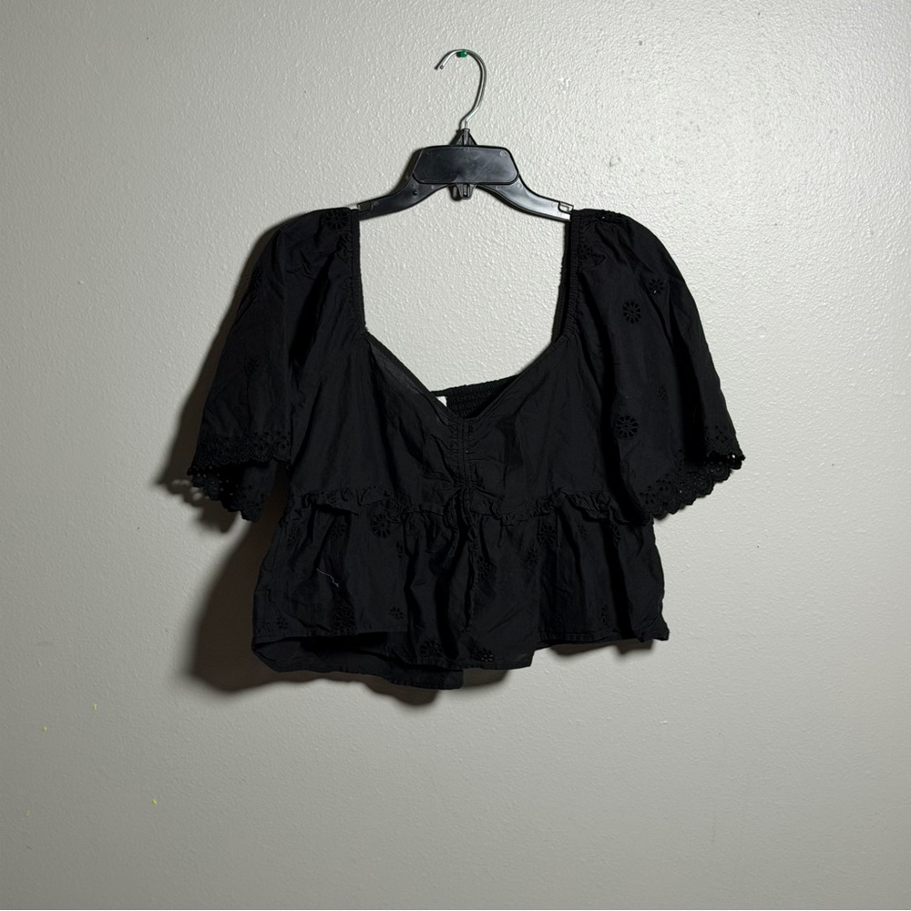 American Eagle Women's Black Peplum Eyelet Off Shoulder Crop Top size L